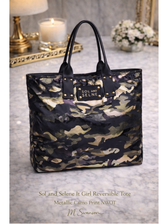 Sol And Selene Handbags - NEW Sol And Selene It Girl Camo Tote Reversible Metallic Black Gold Green NWOT